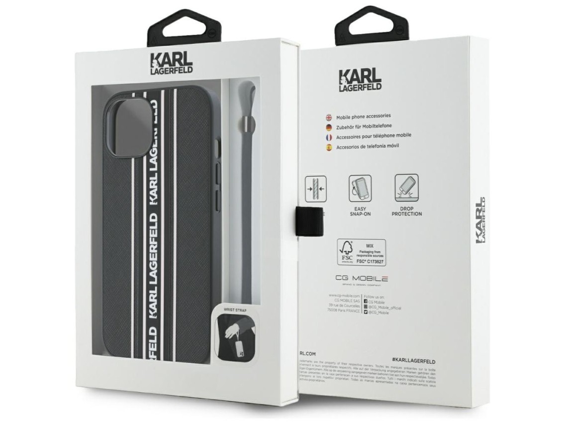 Karl Lagerfeld Saffiano Athleisure Stripes Cord iPhone 15 Case - Pink