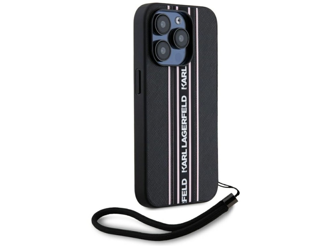 Karl Lagerfeld Saffiano Athleisure Stripes Cord iPhone 15 Pro Max Case - Pink