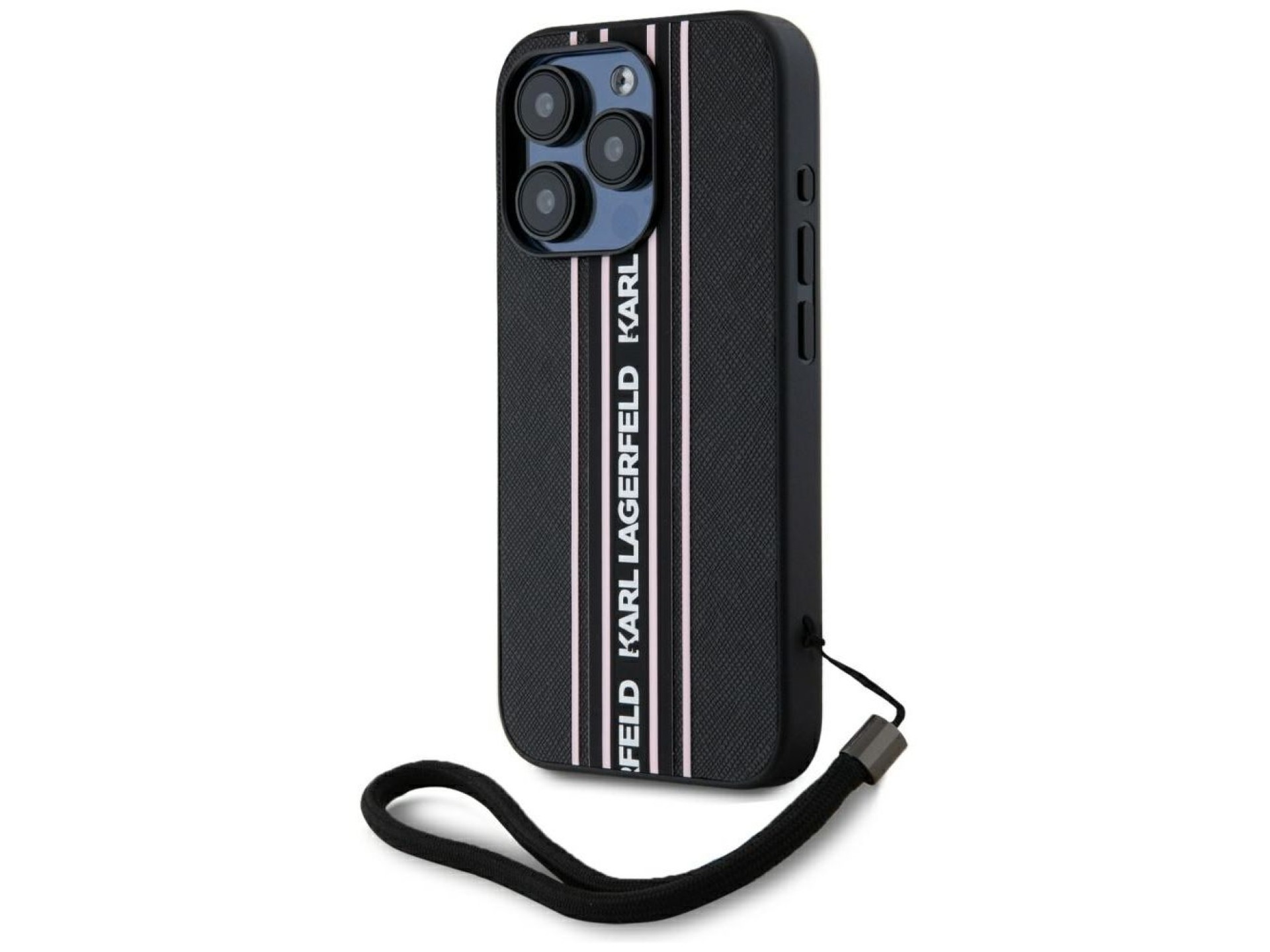 Karl Lagerfeld Saffiano Athleisure Stripes Cord iPhone 15 Pro Max Case - Pink