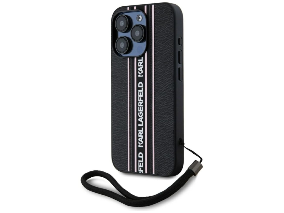 Karl Lagerfeld Saffiano Athleisure Stripes Cord iPhone 15 Pro Max Case - Pink