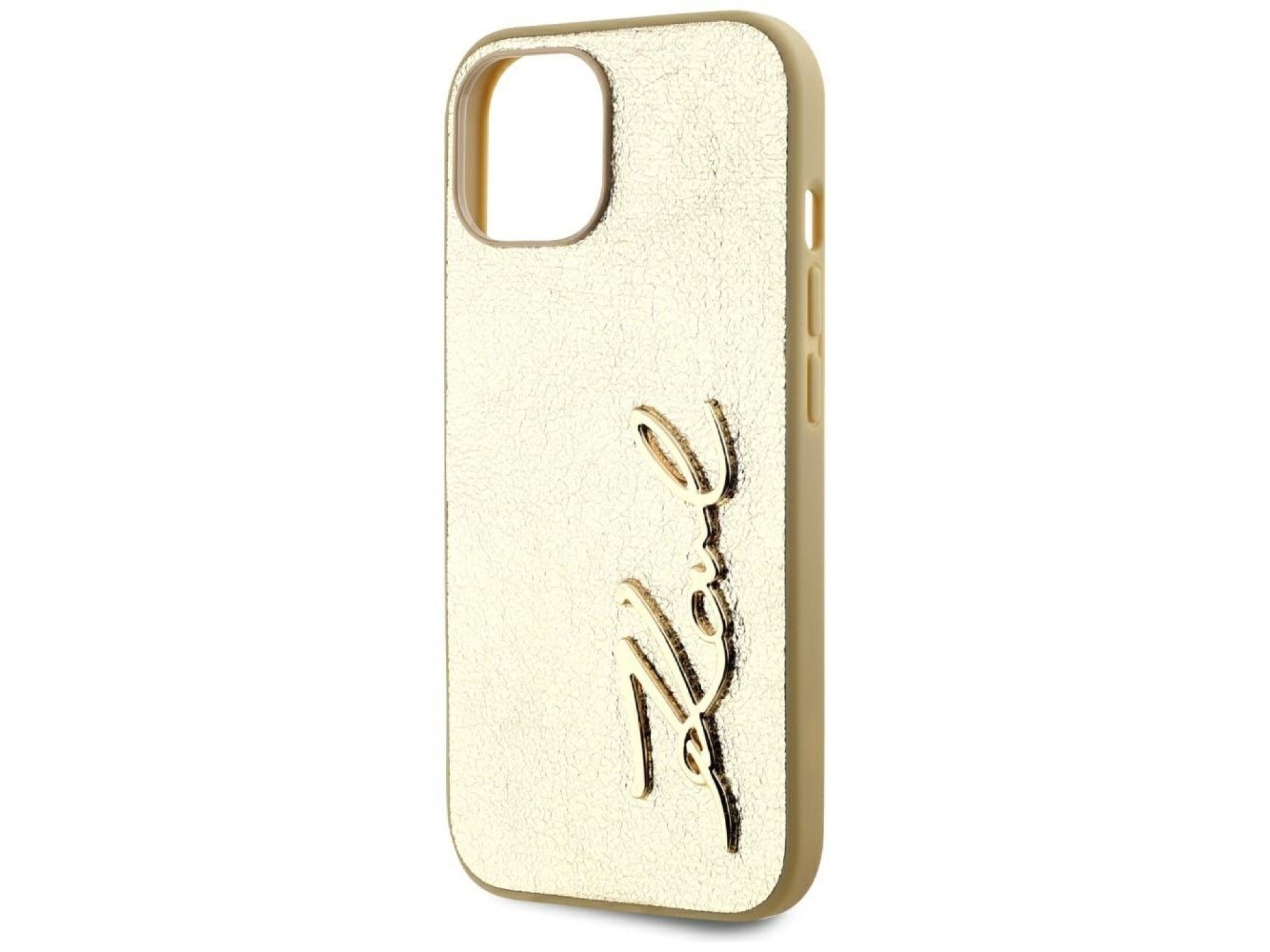 Capa para iPhone 15 com assinatura Karl Lagerfeld em metal texturizado - Dourada