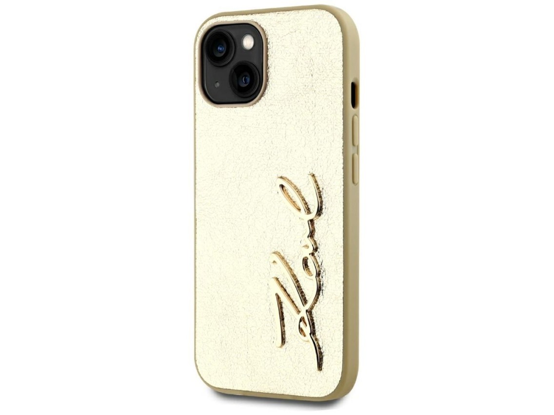 Capa para iPhone 15 com assinatura Karl Lagerfeld em metal texturizado - Dourada