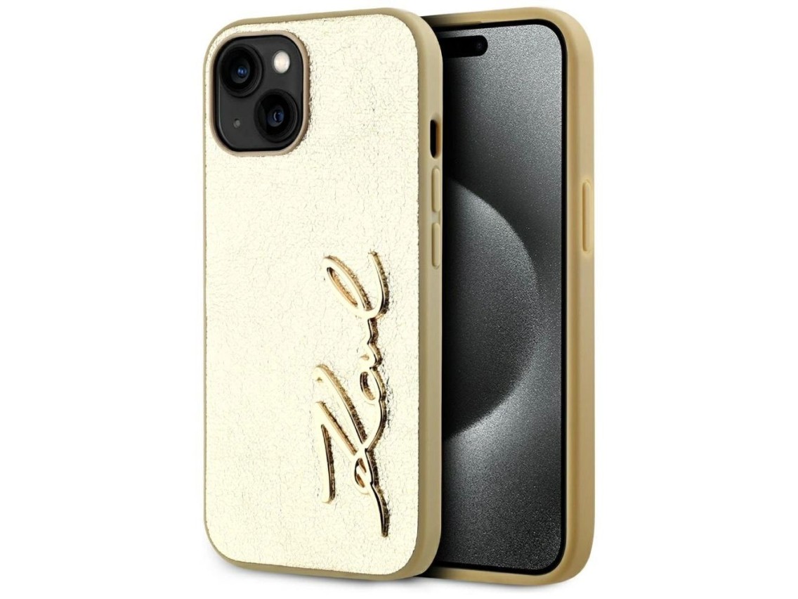 Capa para iPhone 15 com assinatura Karl Lagerfeld em metal texturizado - Dourada