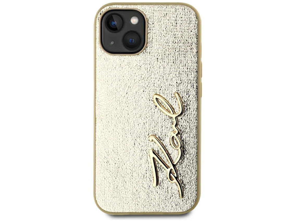 Capa para iPhone 15 com assinatura Karl Lagerfeld em metal texturizado - Dourada