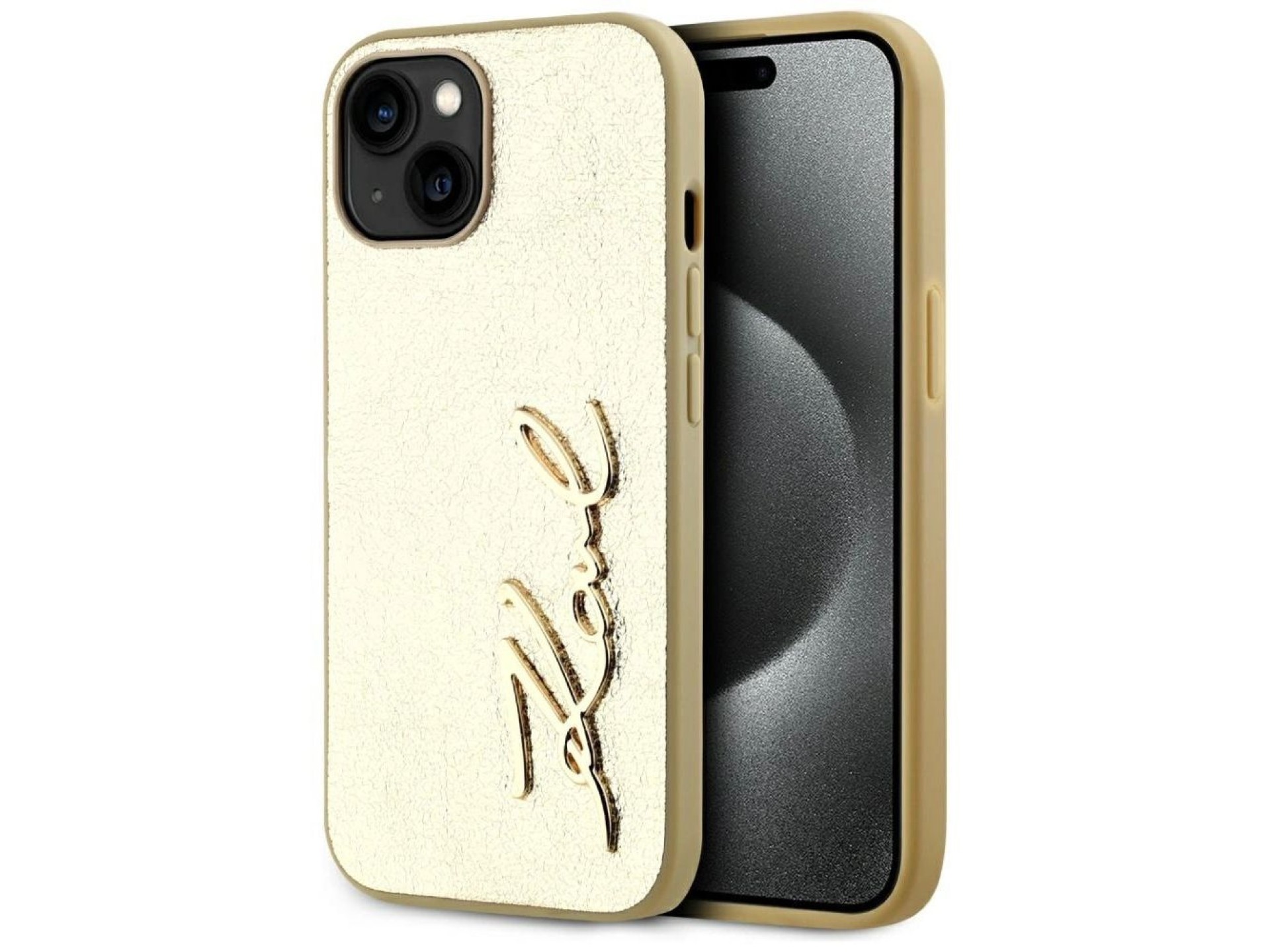 Capa para iPhone 15 com assinatura Karl Lagerfeld em metal texturizado - Dourada