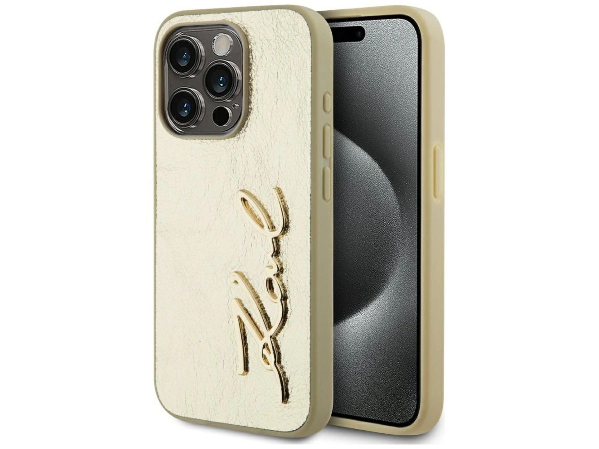Capa para iPhone 15 Pro com assinatura Karl Lagerfeld em metal texturizado - Dourada