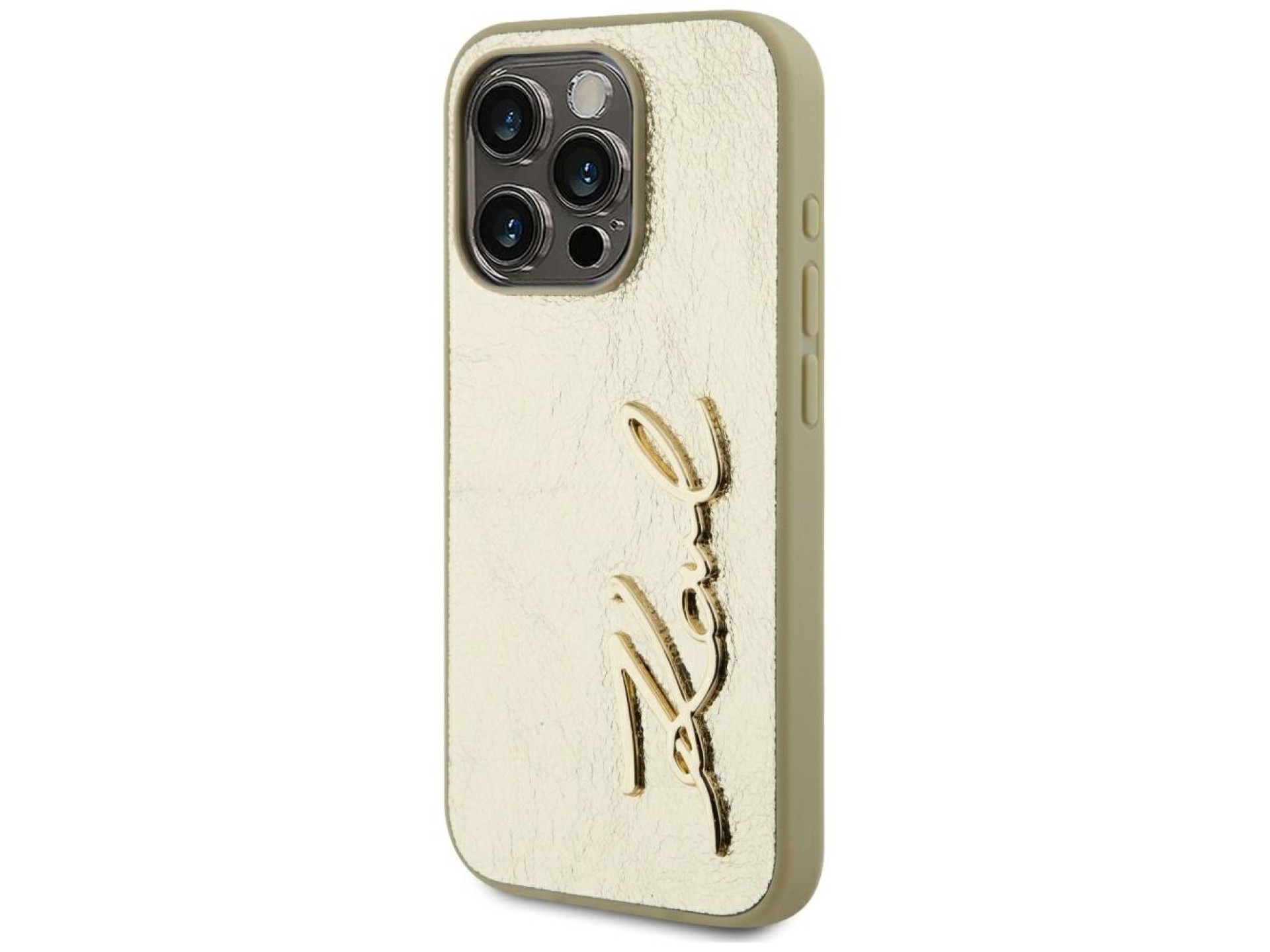 Capa para iPhone 15 Pro com assinatura Karl Lagerfeld em metal texturizado - Dourada