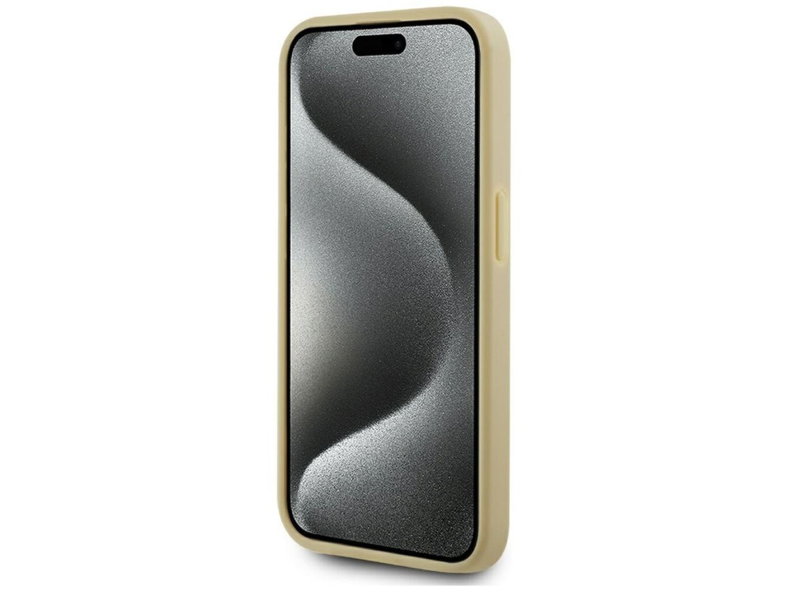 Capa para iPhone 15 Pro com assinatura Karl Lagerfeld em metal texturizado - Dourada