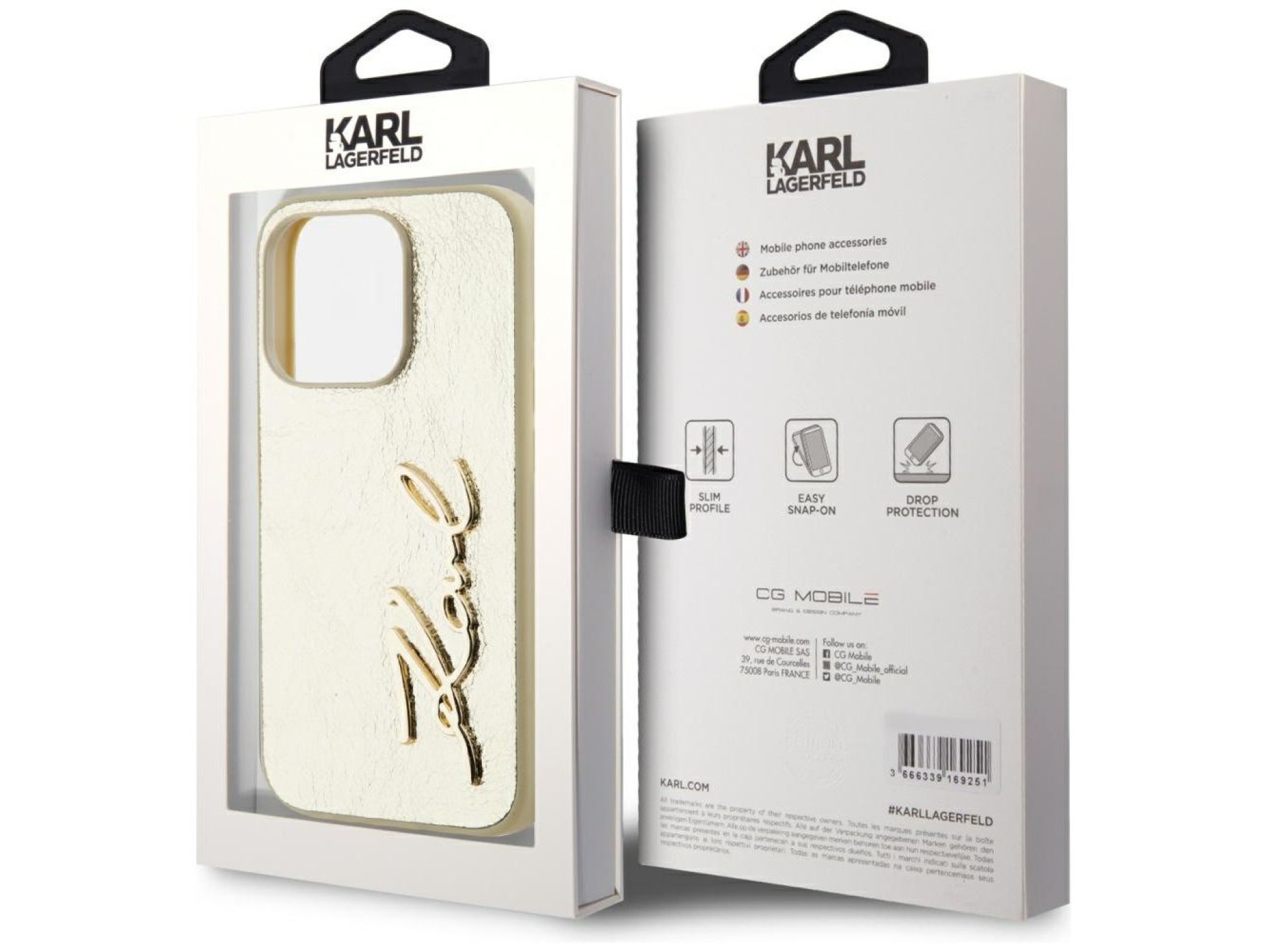 Capa para iPhone 15 Pro com assinatura Karl Lagerfeld em metal texturizado - Dourada