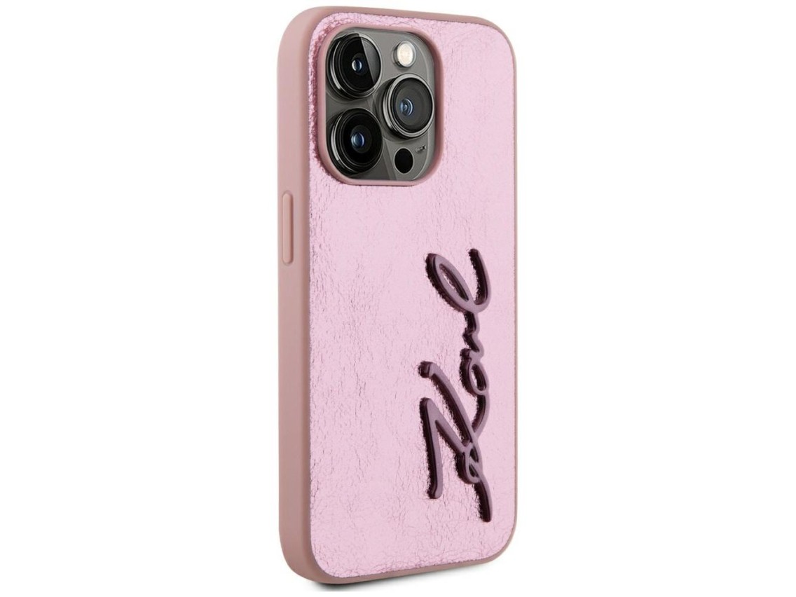 Karl Lagerfeld Wrinkled Metal Signature iPhone 15 Pro Case - Pink