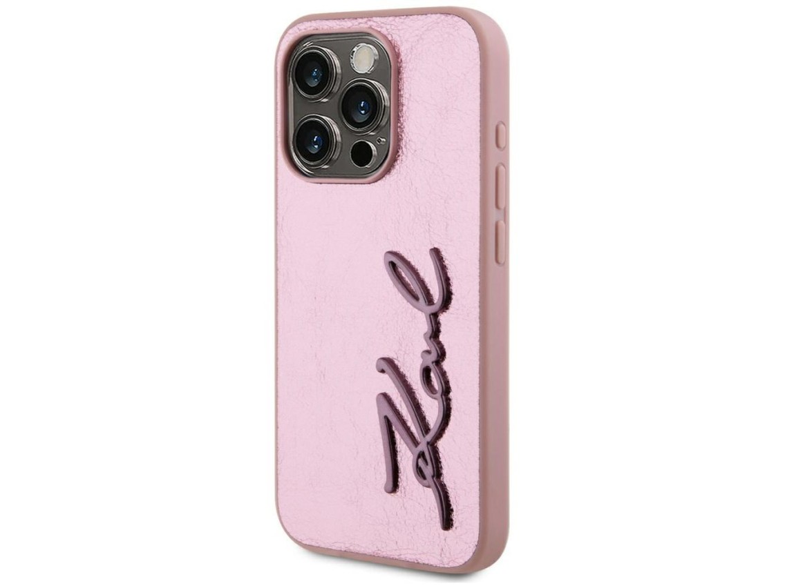 Karl Lagerfeld Wrinkled Metal Signature iPhone 15 Pro Case - Pink