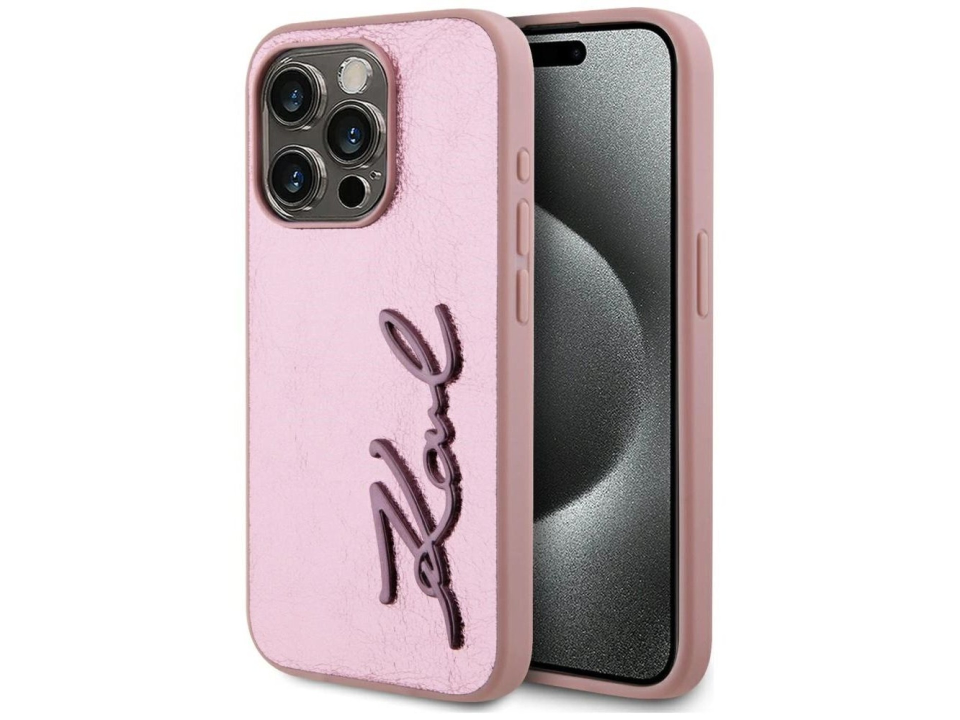 Funda Karl Lagerfeld Wrinkled Metal Signature para iPhone 15 Pro Max - Rosa