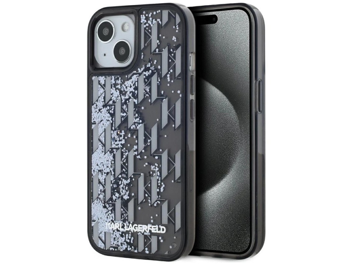 Karl Lagerfeld Liquide Glitter Monogram Gradient iPhone 15 Case - Black