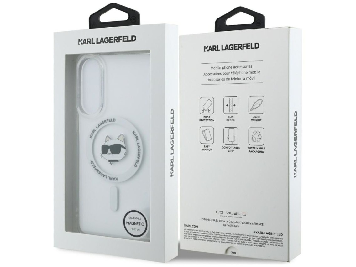 Capa MagSafe com estampa do logo da cabeça de Choupette e botão de Karl Lagerfeld para Samsung Galax