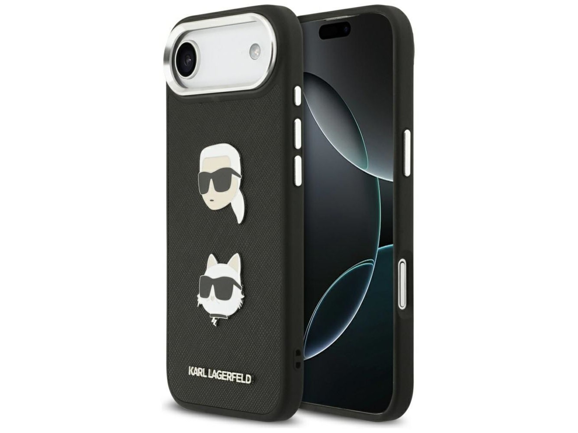 Karl Lagerfeld FW Grained Karl & Choupette Heads Pins & Logo iPhone Air Case - Black