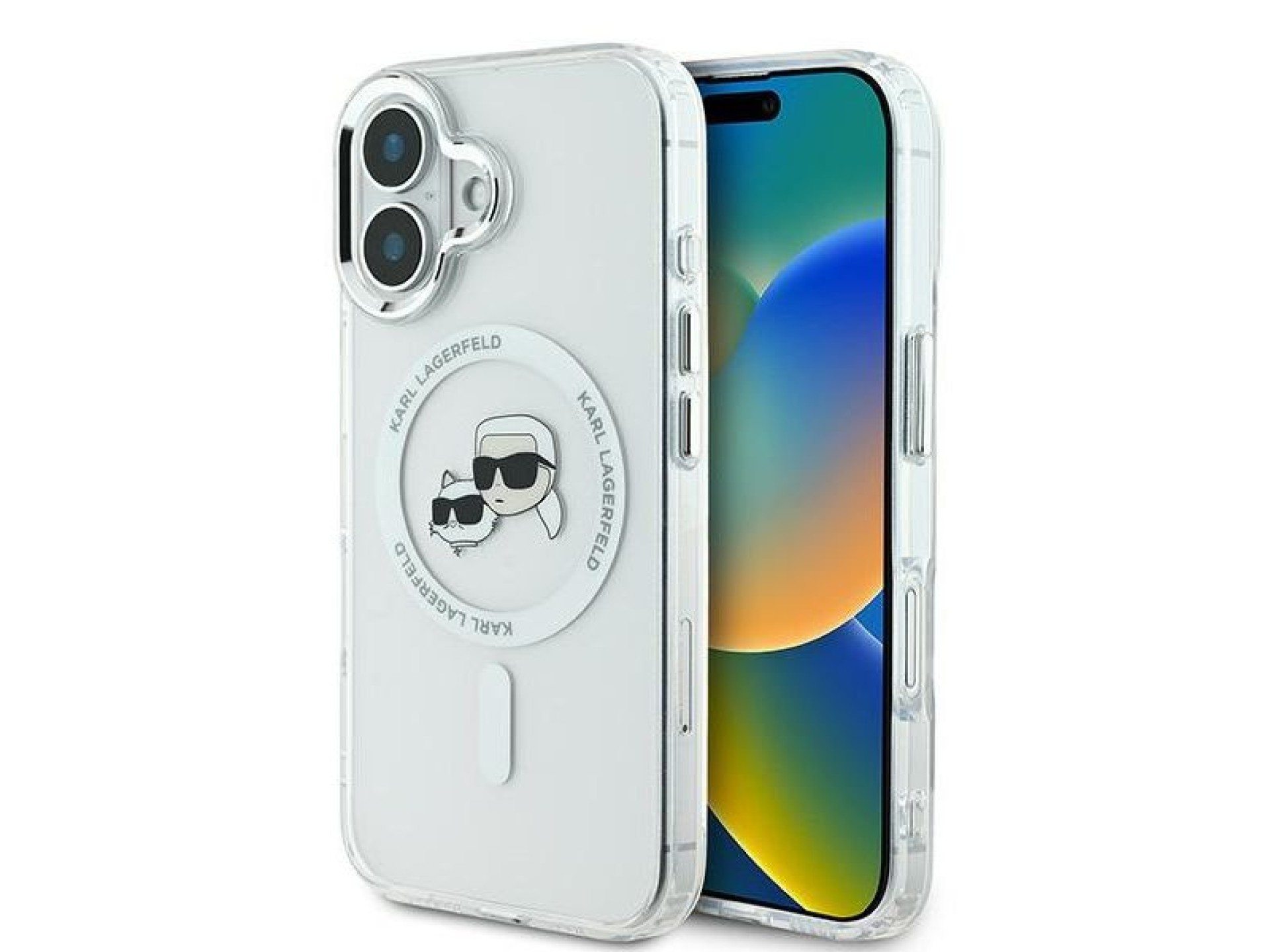 Capa MagSafe Karl Lagerfeld IML Metal Karl&Choupette Head para iPhone 16 - Branca
