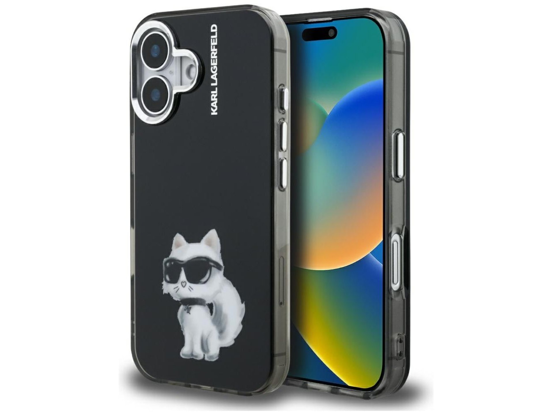 Capa para iPhone 16 Karl Lagerfeld IML Aquarelle Choupette & Logo - Preta