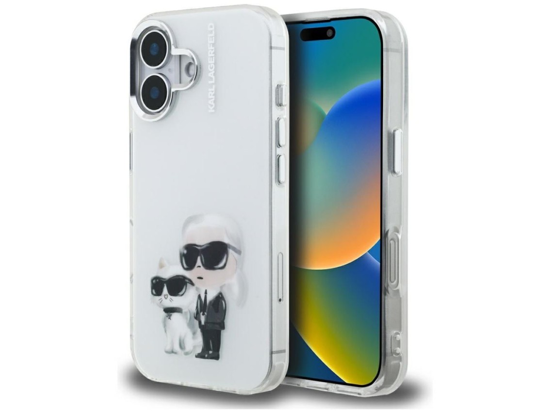 Funda para iPhone 16 Karl Lagerfeld IML Aquarelle Karl & Choupette & Logo - Blanca