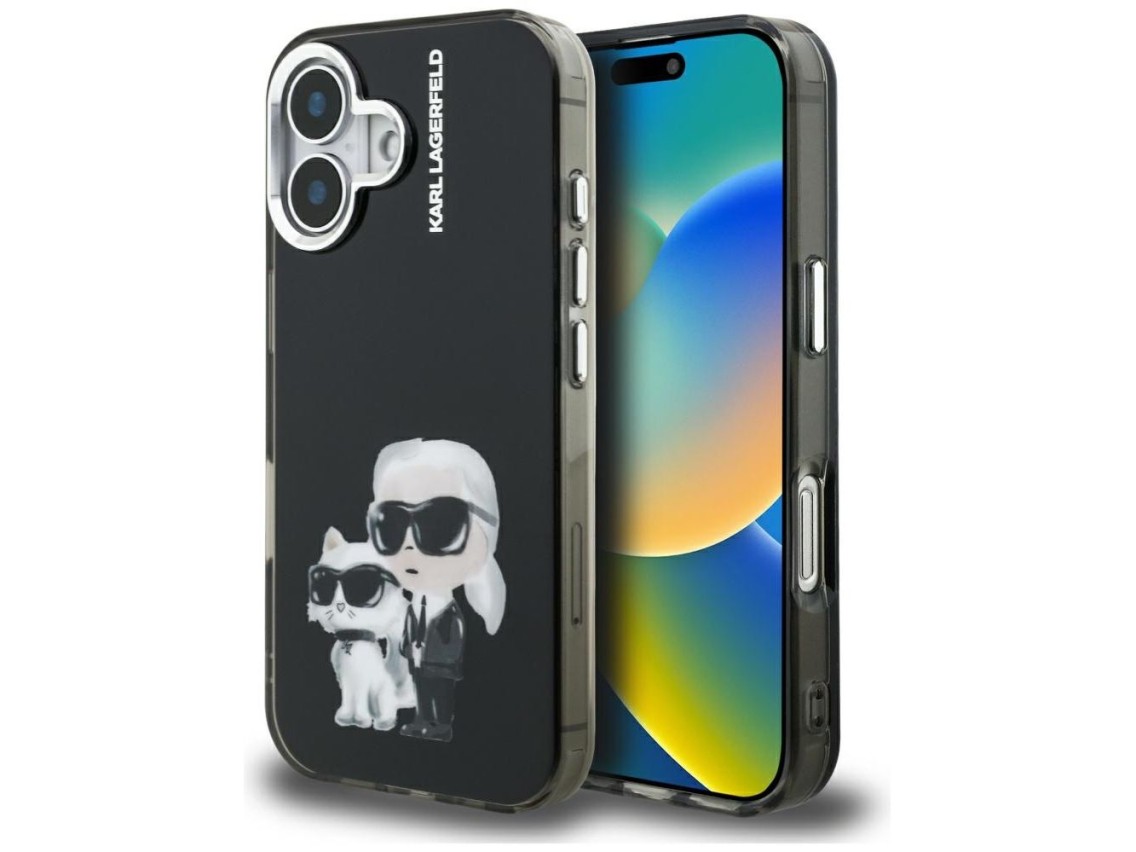 Funda para iPhone 16 Karl Lagerfeld IML Aquarelle Karl & Choupette & Logo - Negra