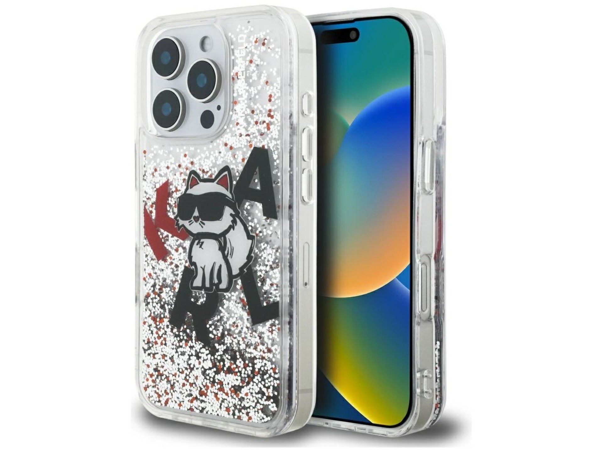 Funda con logo Choupette de Karl Lagerfeld con purpurina líquida para iPhone 16 Pro Max - Transparen
