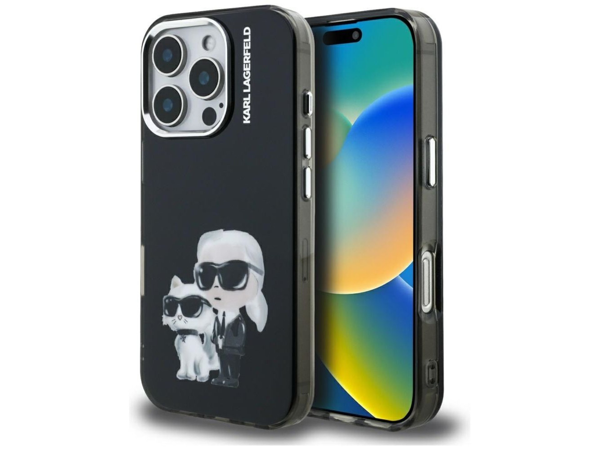 Funda negra para iPhone 16 Pro Karl Lagerfeld IML Aquarelle Karl & Choupette & Logo