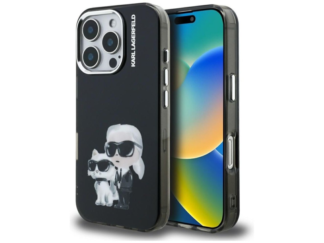 Funda negra para iPhone 16 Pro Karl Lagerfeld IML Aquarelle Karl & Choupette & Logo