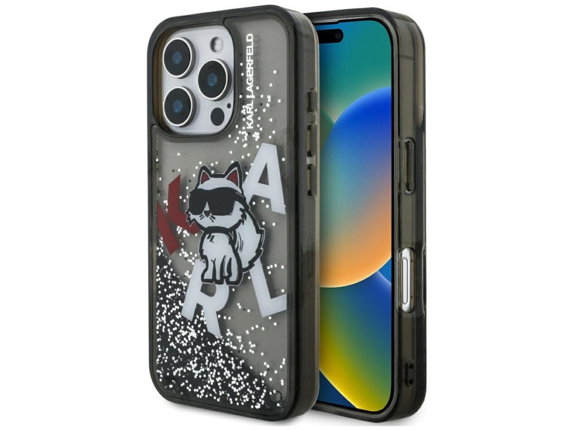 Capa para iPhone 16 Pro Max com logo Choupette e glitter líquido de Karl Lagerfeld - Preta