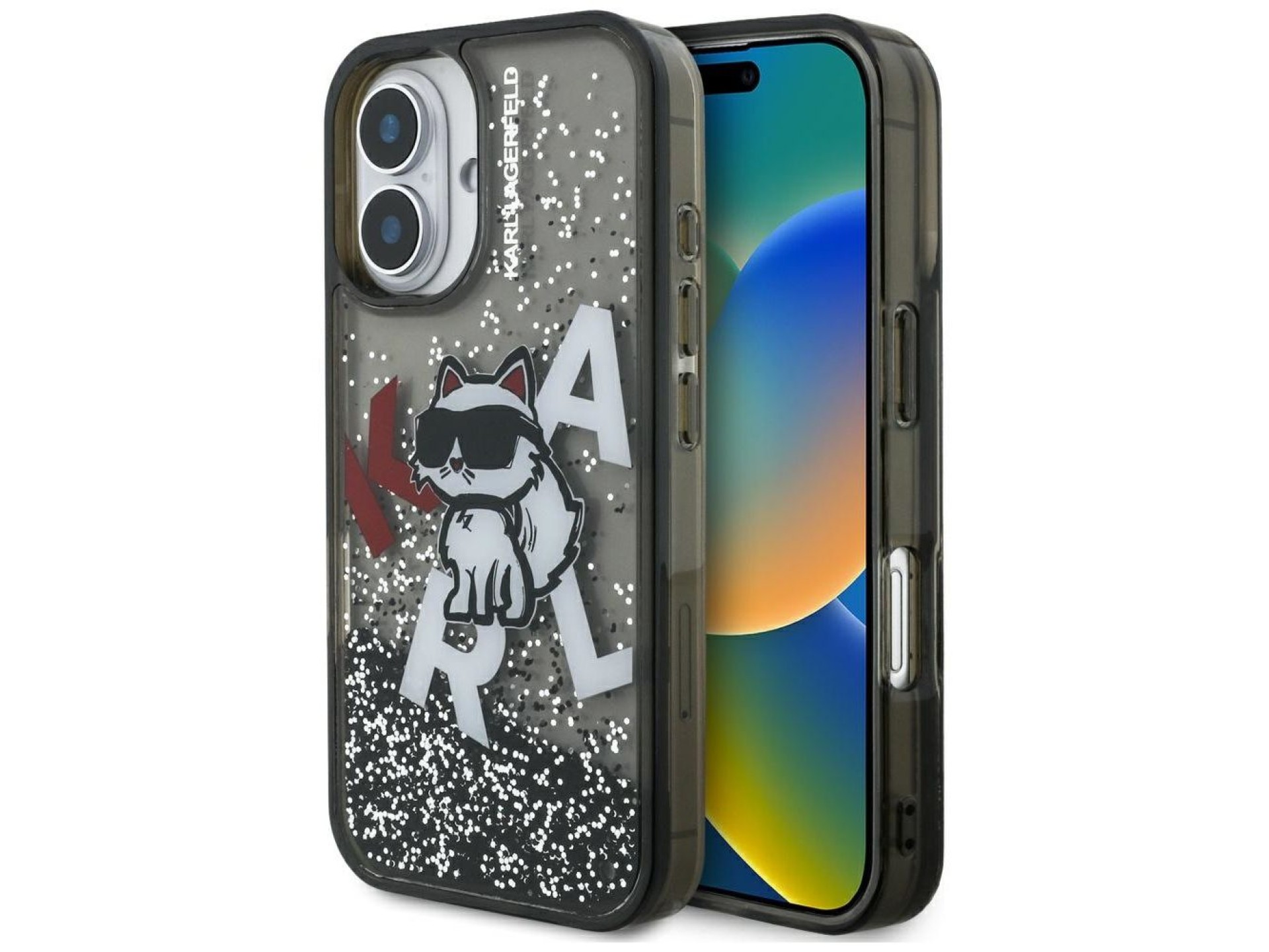Capa para iPhone 16 com o logotipo Choupette e glitter líquido de Karl Lagerfeld - Preta
