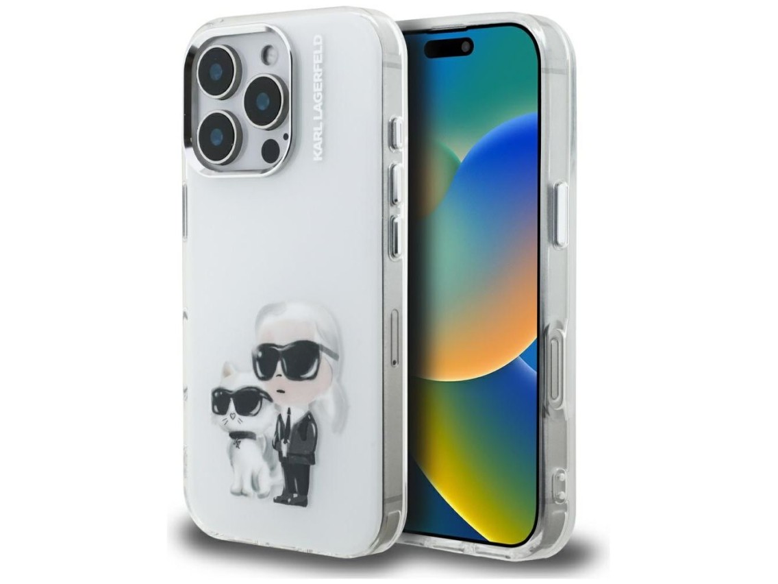 Capa para iPhone 16 Pro Karl Lagerfeld IML Aquarelle Karl & Choupette & Logo - Branca