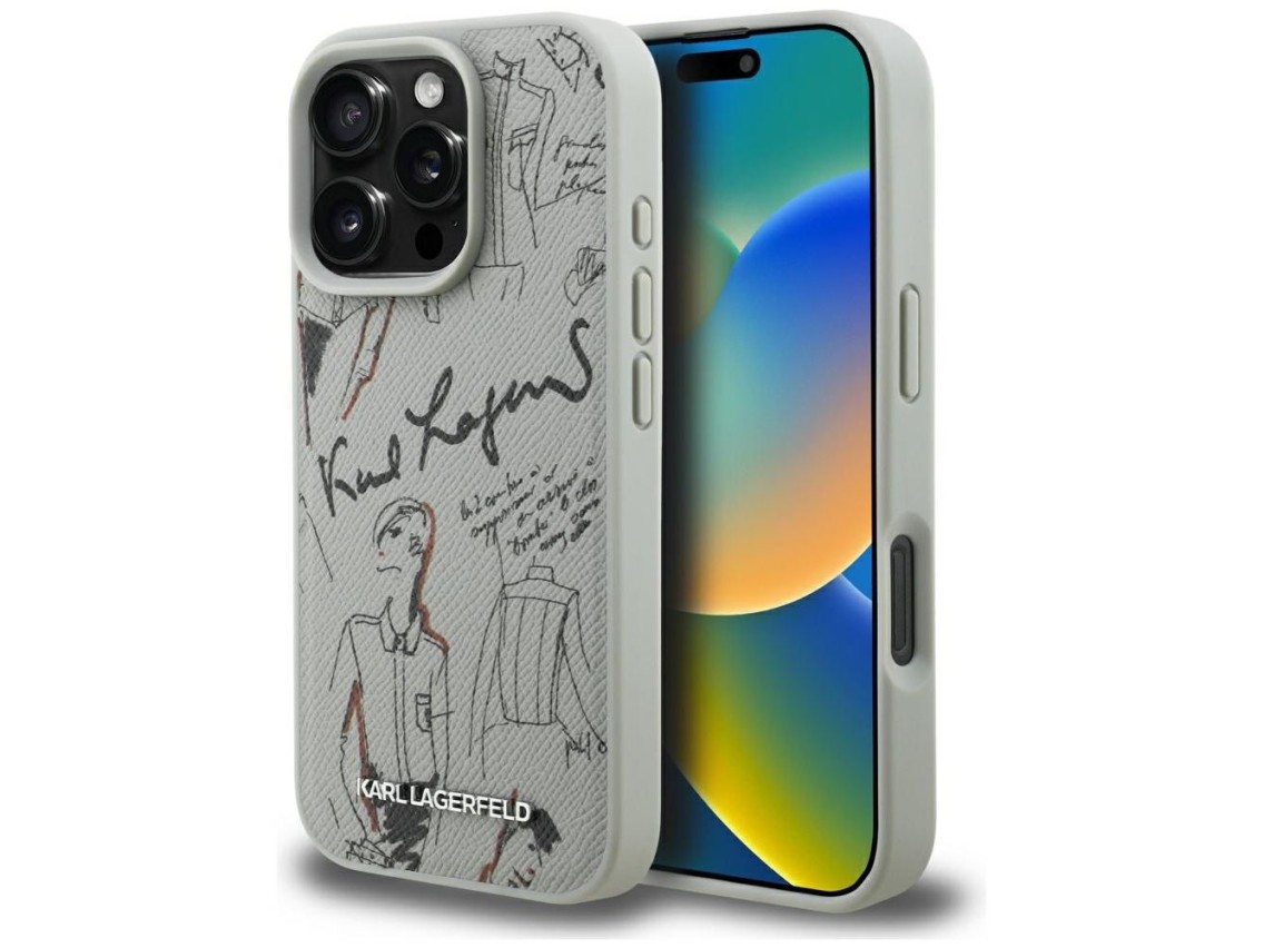 Karl Lagerfeld Grained Pattern & Logo MagSafe Case for iPhone 16 Pro - Gray