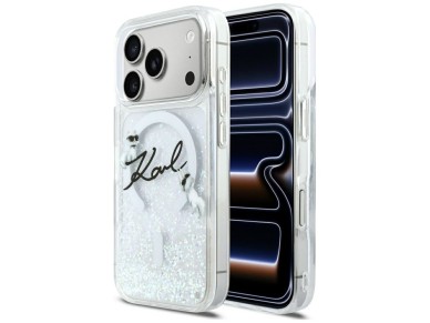 Capa MagSafe para iPhone 17 Pro com Glitter L�quido Karl Lagerfeld e Logo Karl Script - Transparente