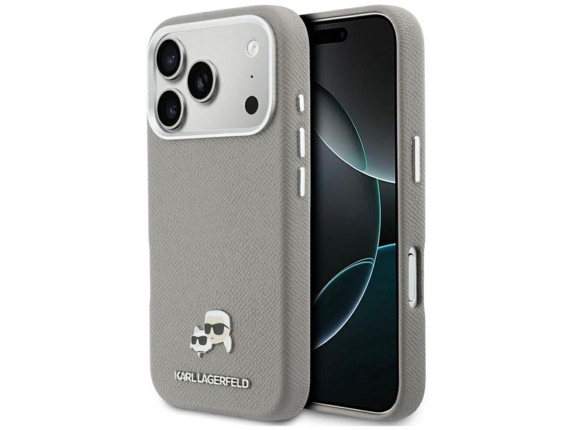 Capa MagSafe Karl Lagerfeld Karl & Choupette Head Pins Saffiano para iPhone 17 Pro - Cinza