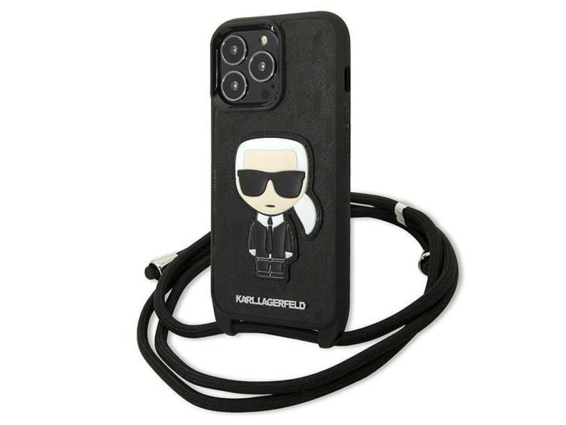 Karl Lagerfeld Leather Monogram Patch and Cord Iconik Case for iPhone 13 Pro / 13 - Black
