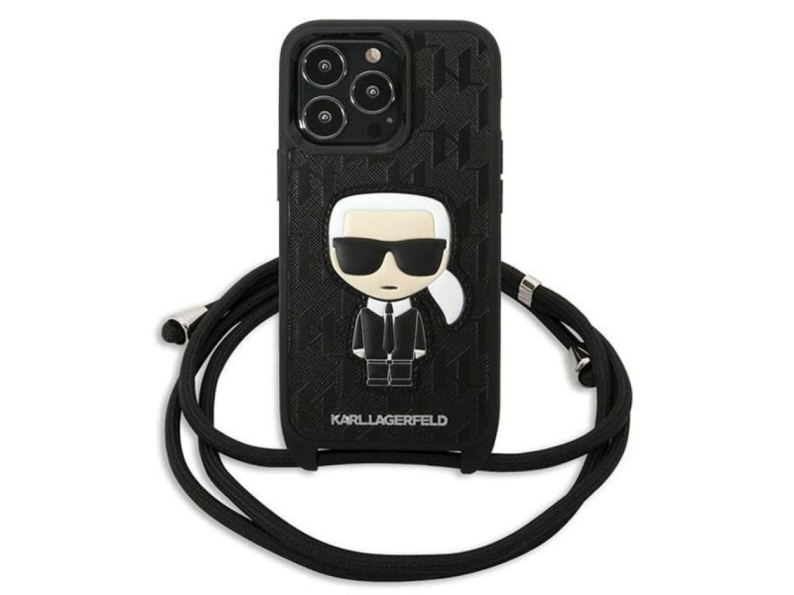 Karl Lagerfeld Leather Monogram Patch and Cord Iconik Case for iPhone 13 Pro / 13 - Black
