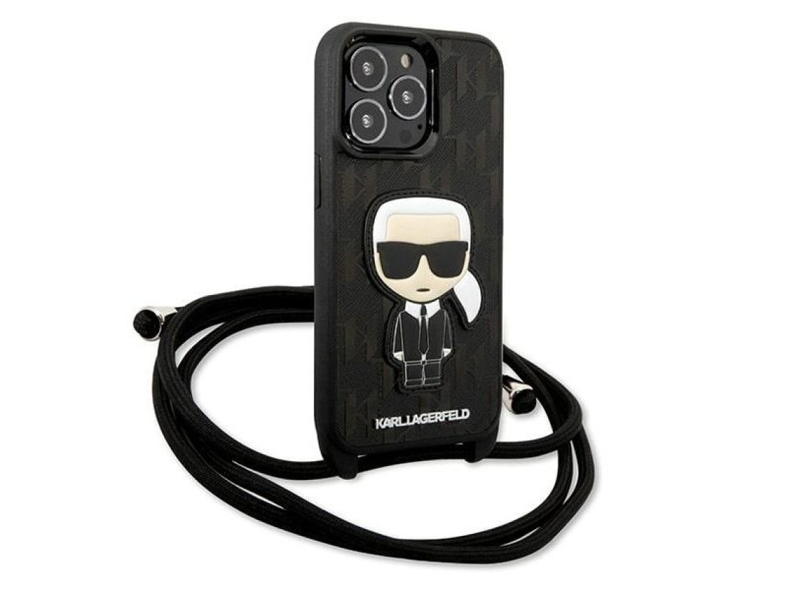 Karl Lagerfeld Leather Monogram Patch and Cord Iconik Case for iPhone 13 Pro / 13 - Black