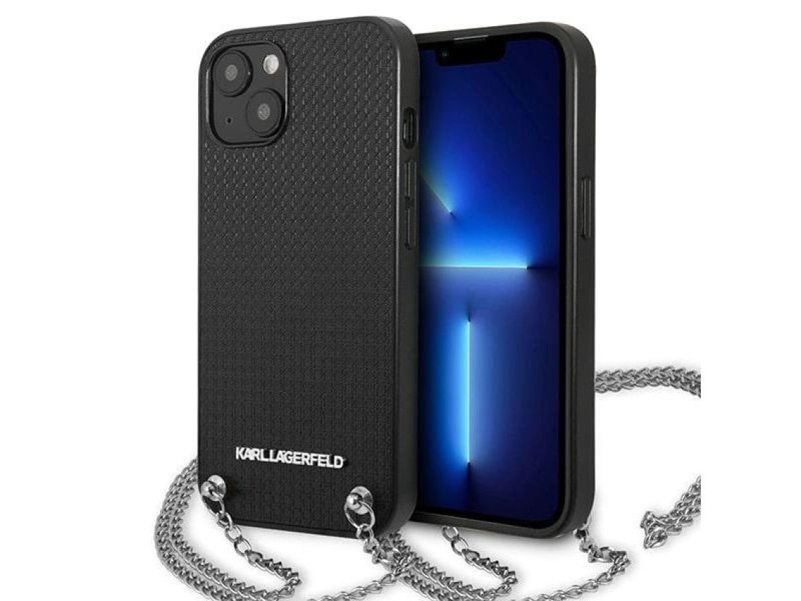 Capa Karl Lagerfeld em couro texturizado com corrente para iPhone 13/14/15 de 6,1" - Preta