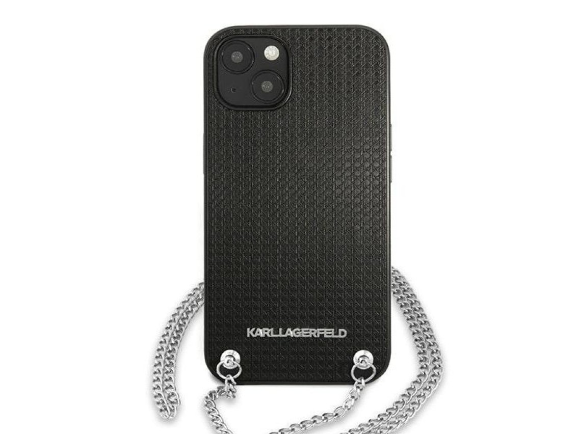 Capa Karl Lagerfeld em couro texturizado com corrente para iPhone 13/14/15 de 6,1" - Preta