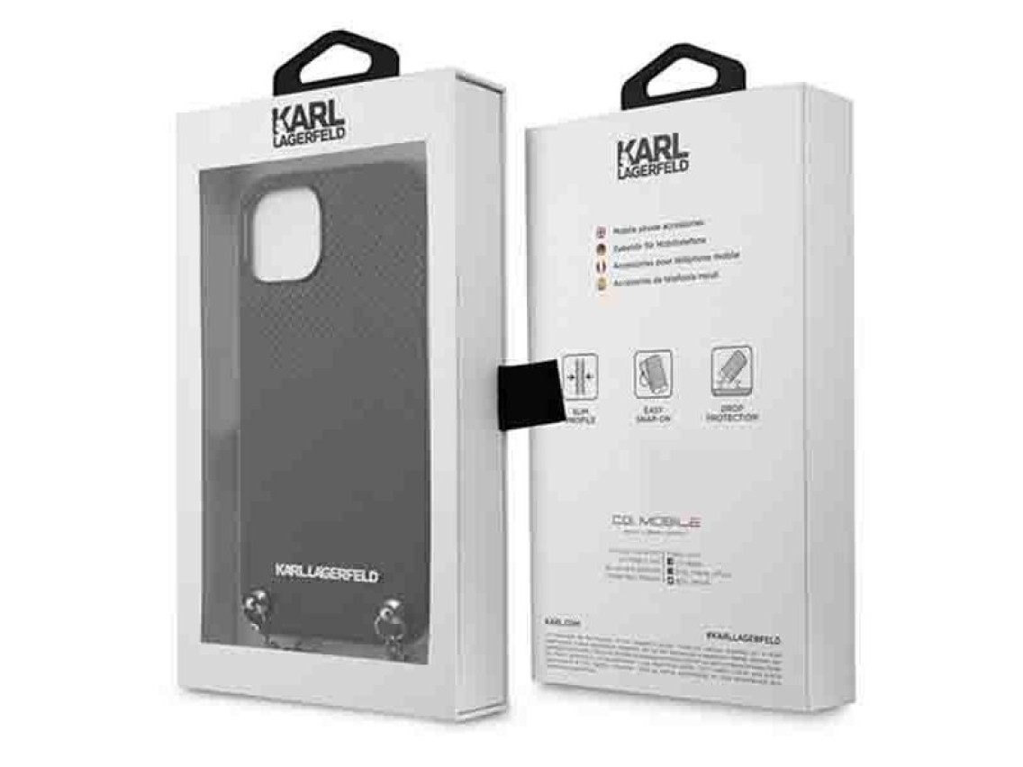 Capa Karl Lagerfeld em couro texturizado com corrente para iPhone 13/14/15 de 6,1" - Preta