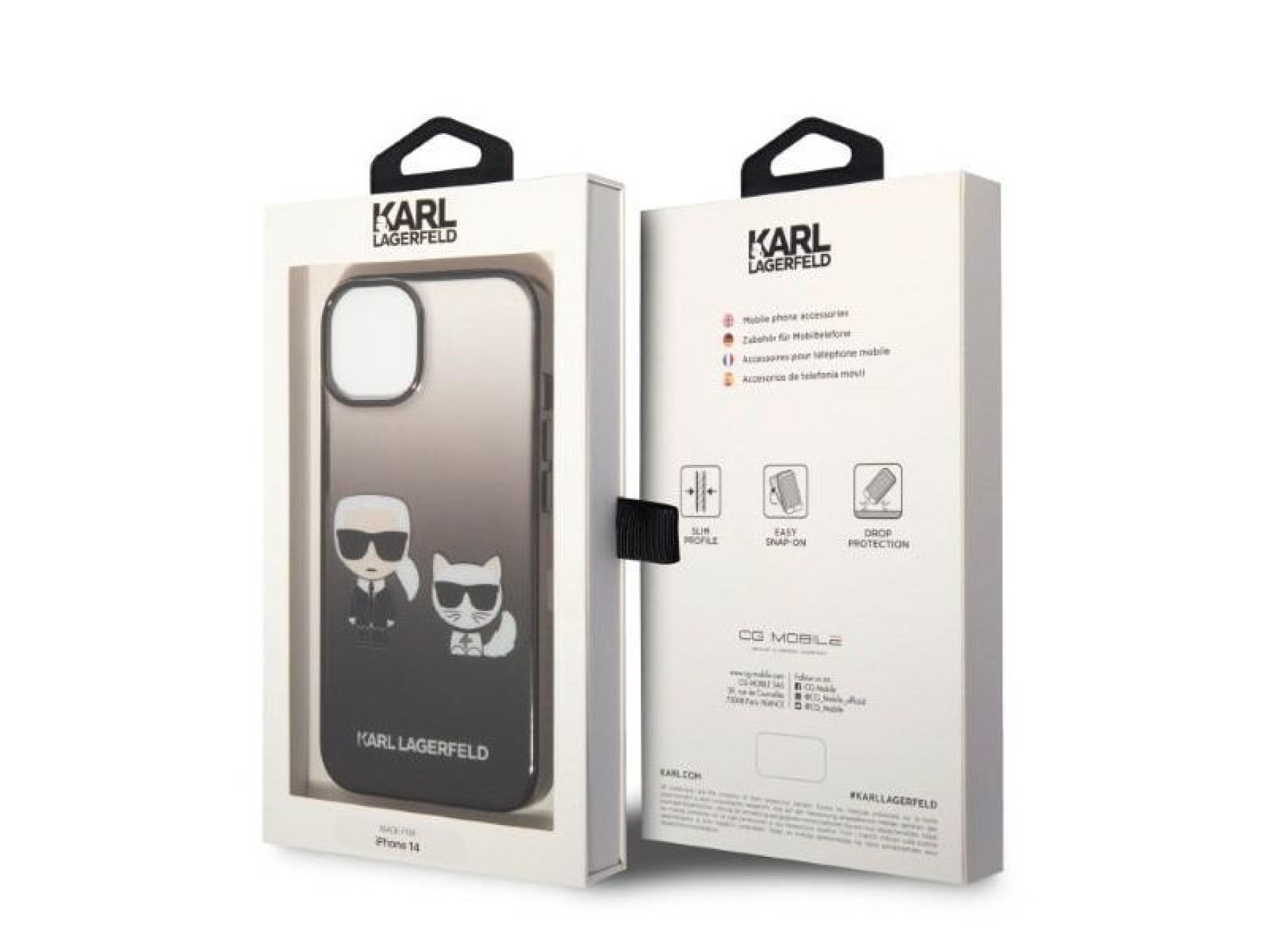 Karl Lagerfeld KLHCP14MTGKCK Capa rígida preta/preta com degradê Ikonik Karl & Choupette para iPhone