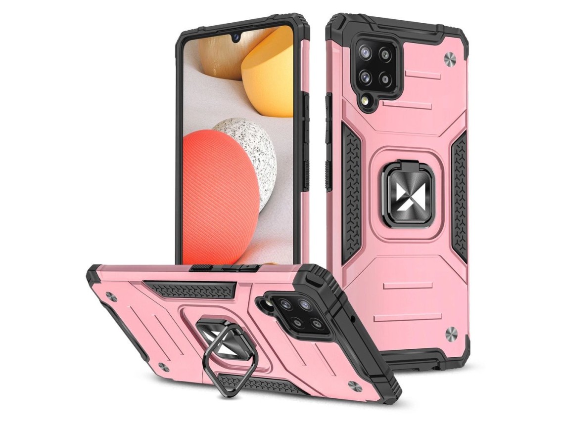 Capa Wozinsky Ring Armor com suporte, resistente e robusta para Samsung Galaxy A42 5G rosa.