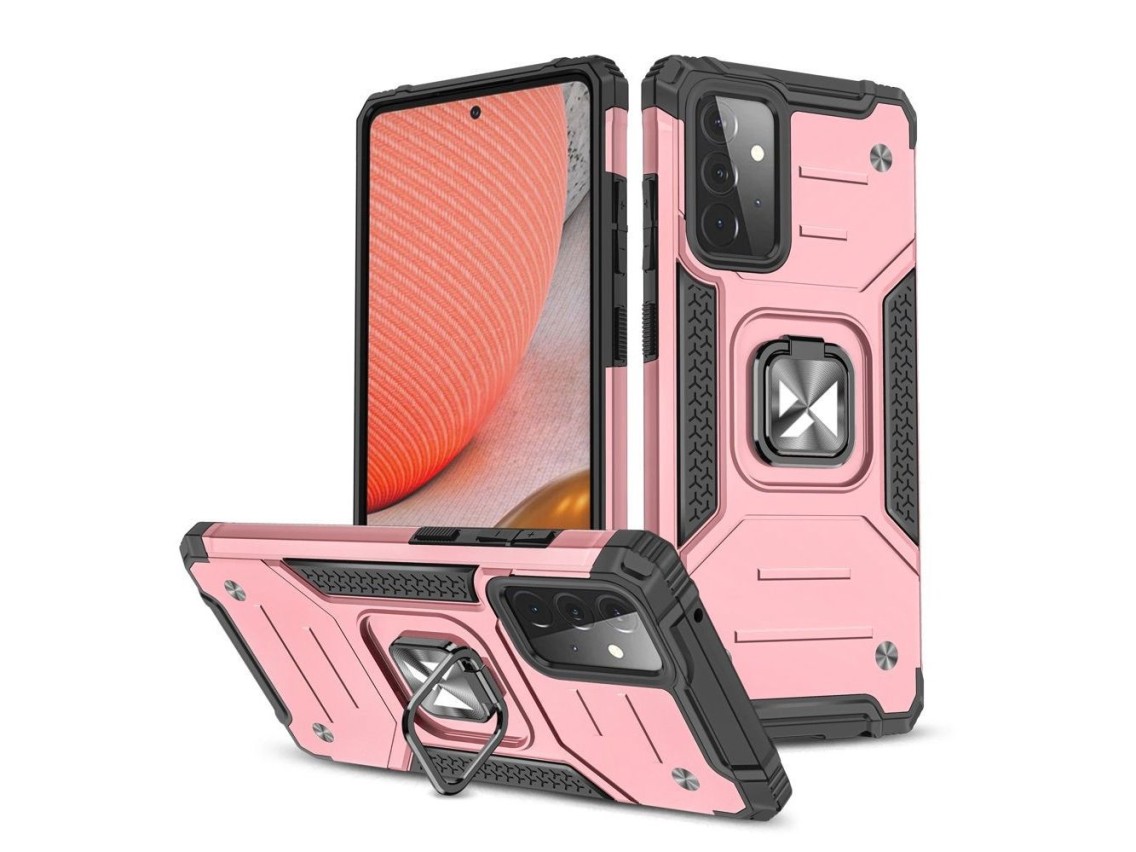 Capa Wozinsky Ring Armor com suporte, resistente e robusta para Samsung Galaxy A72 4G rosa.