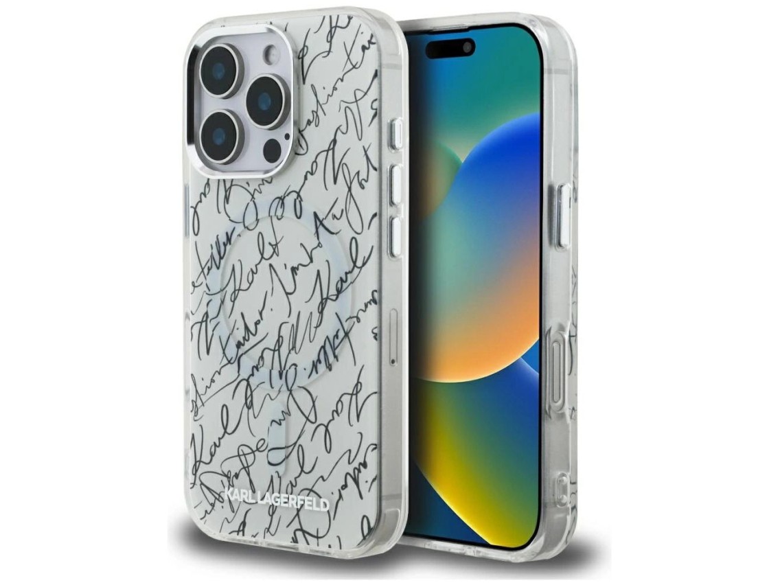 Funda Karl Lagerfeld IML Karl Script Pattern MagSafe para iPhone 16 Pro - Blanca