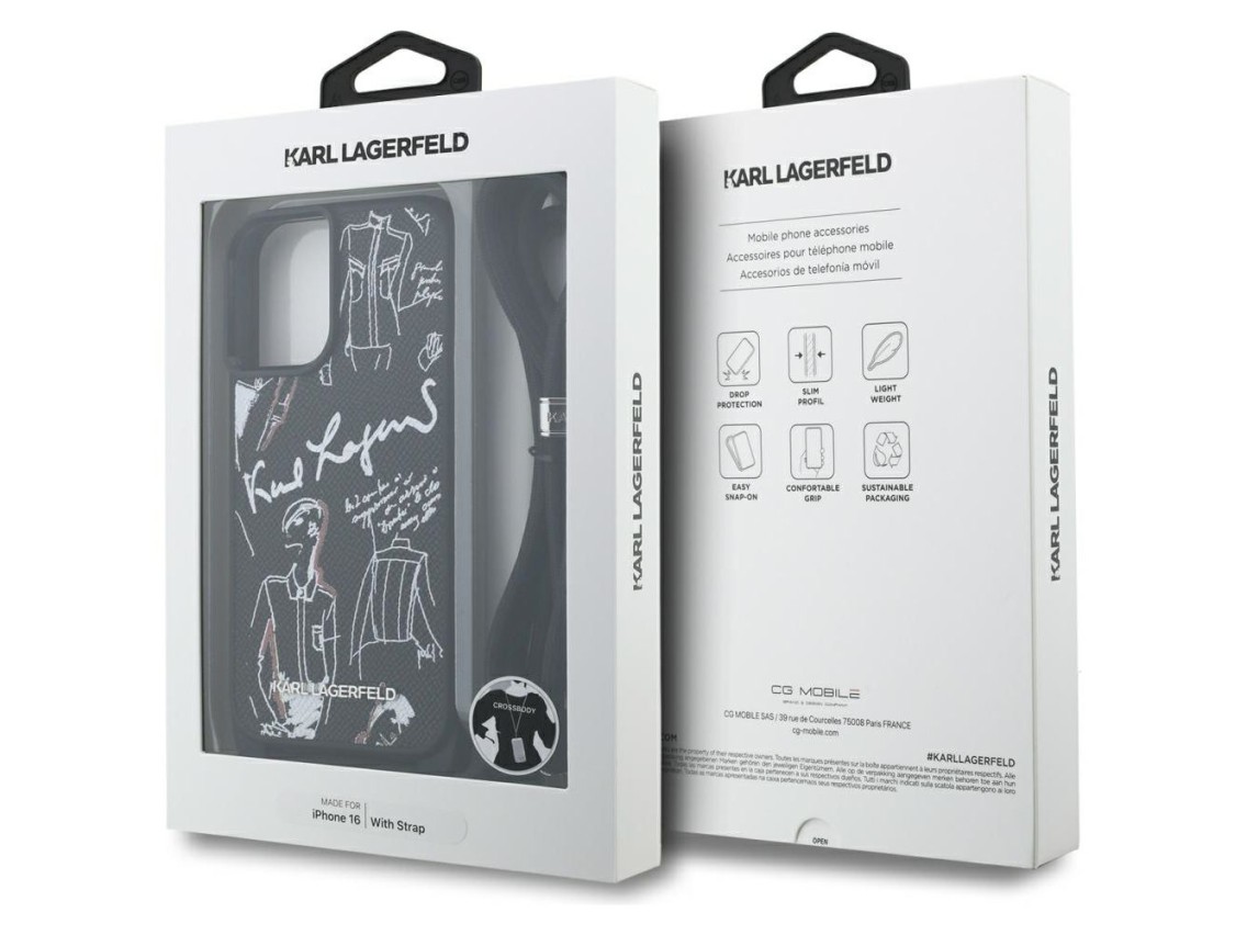 Karl Lagerfeld Crossbody Grained Pattern & Logo Case for iPhone 16 - Black