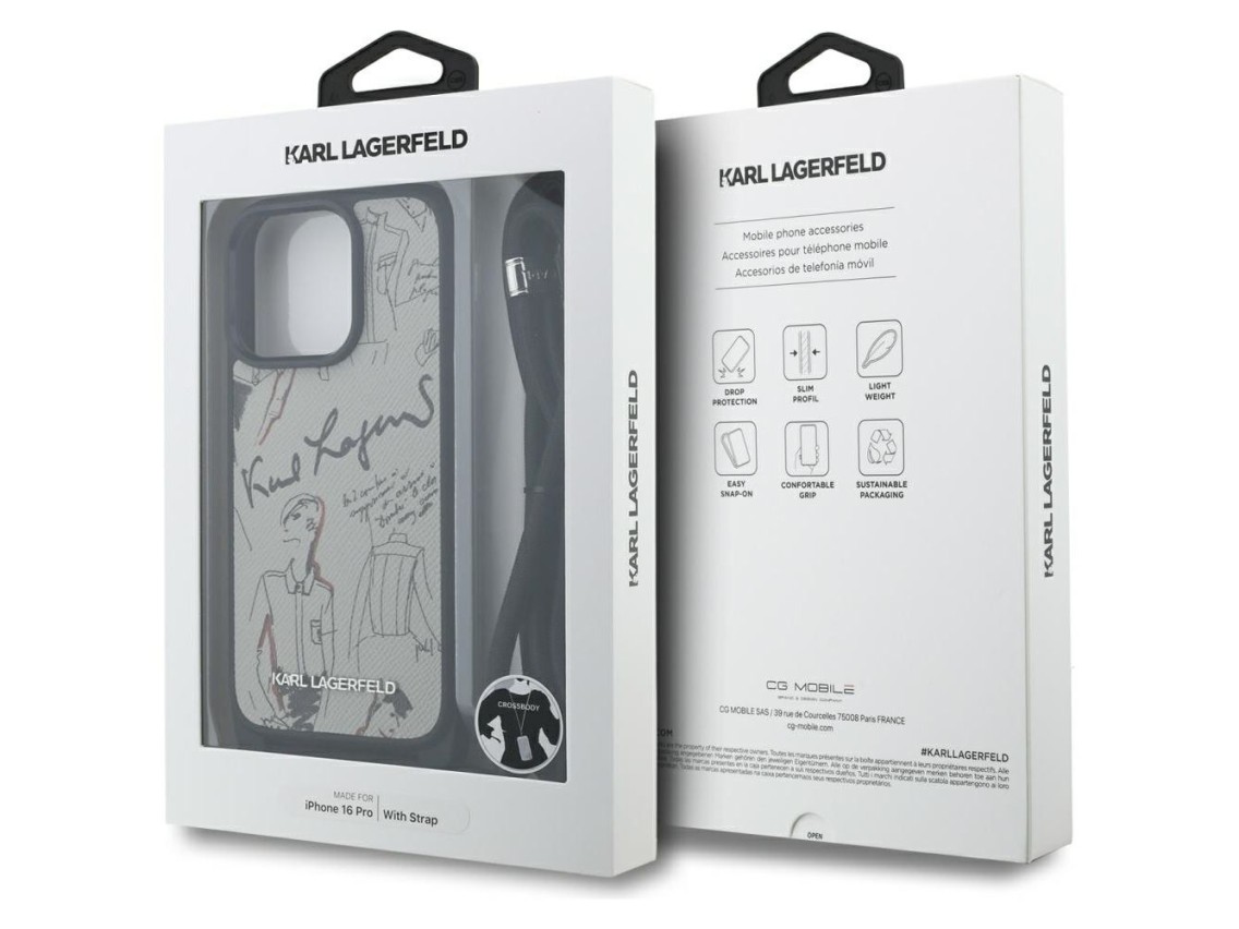 Karl Lagerfeld Crossbody Grained Pattern & Logo Case for iPhone 16 Pro - Gray