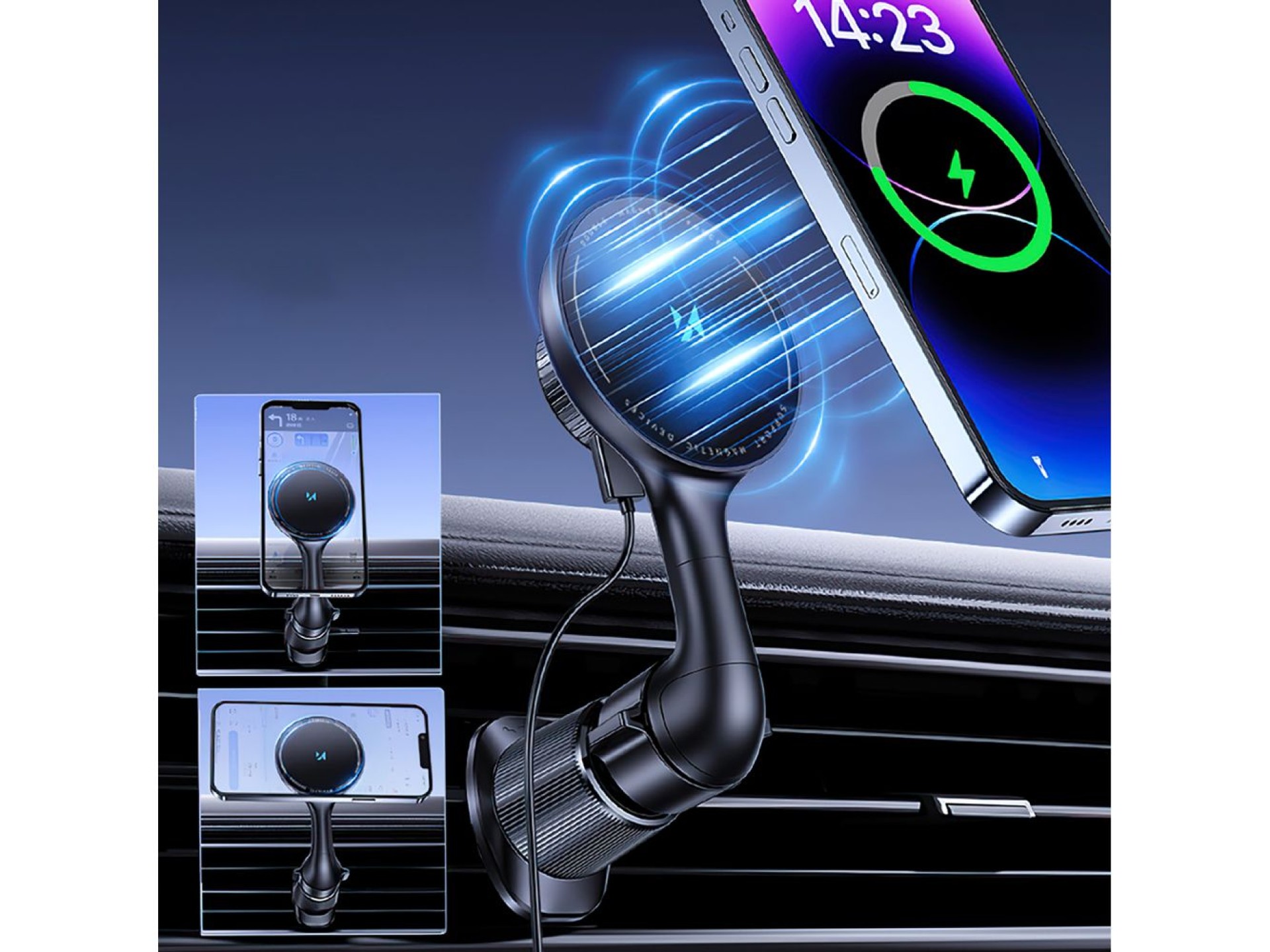 Wozinsky WCT5-6S4Y Car Holder with Qi/MagSafe 15W Inductive Charger for Air Vent - Black