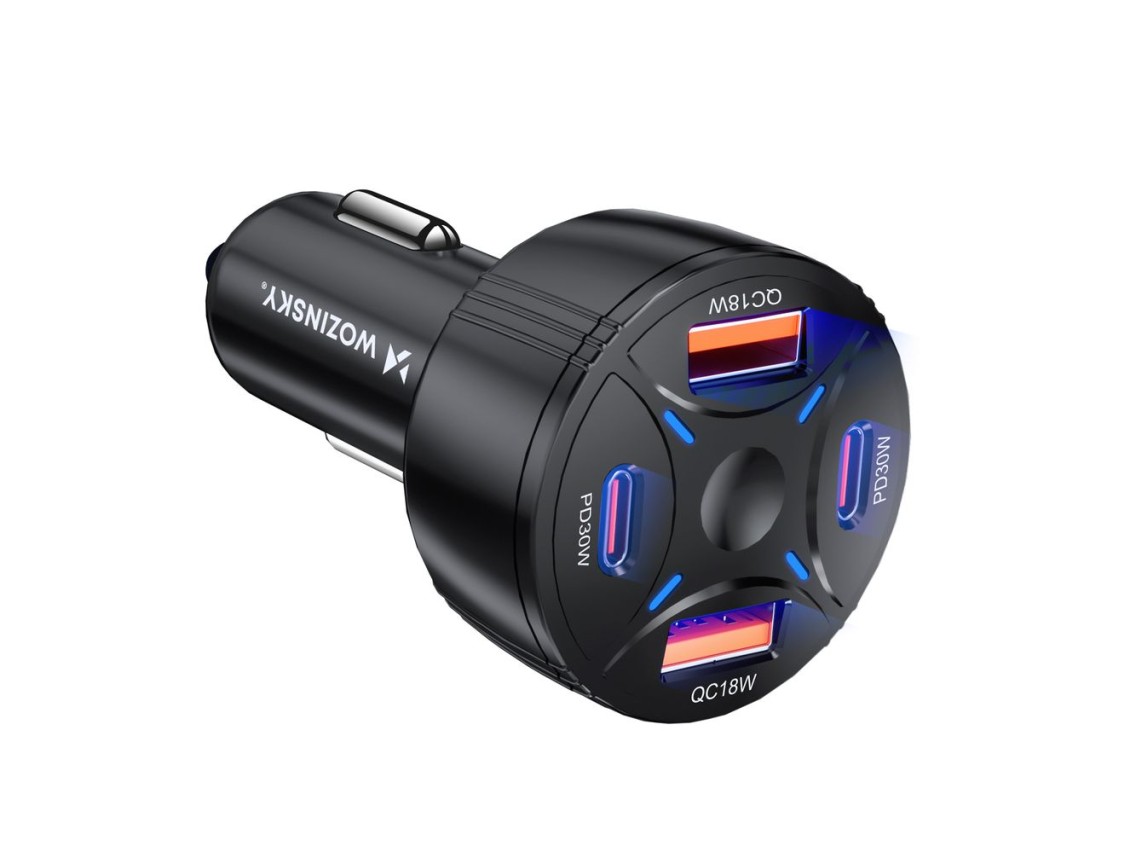 Cargador de coche Wozinsky WLS-04 de 60 W, 2 puertos USB-C y 2 puertos USB-A - Negro