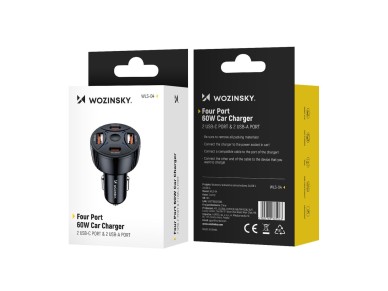 Cargador de coche Wozinsky WLS-04 de 60 W, 2 puertos USB-C y 2 puertos USB-A - Negro