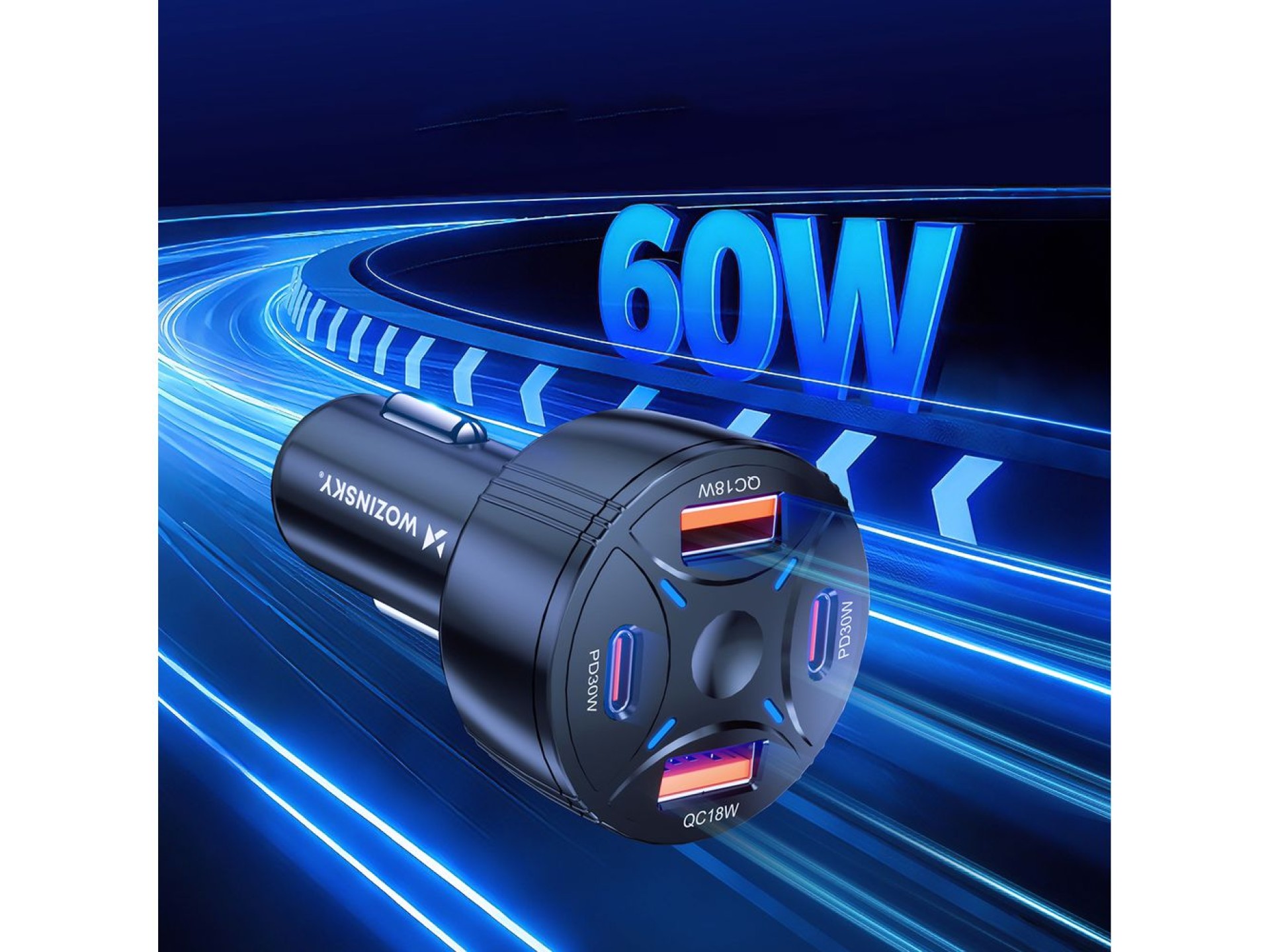 Wozinsky WLS-04 60W Car Charger 2xUSB-C 2xUSB-A - Black
