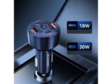 Cargador de coche Wozinsky WLS-04 de 60 W, 2 puertos USB-C y 2 puertos USB-A - Negro