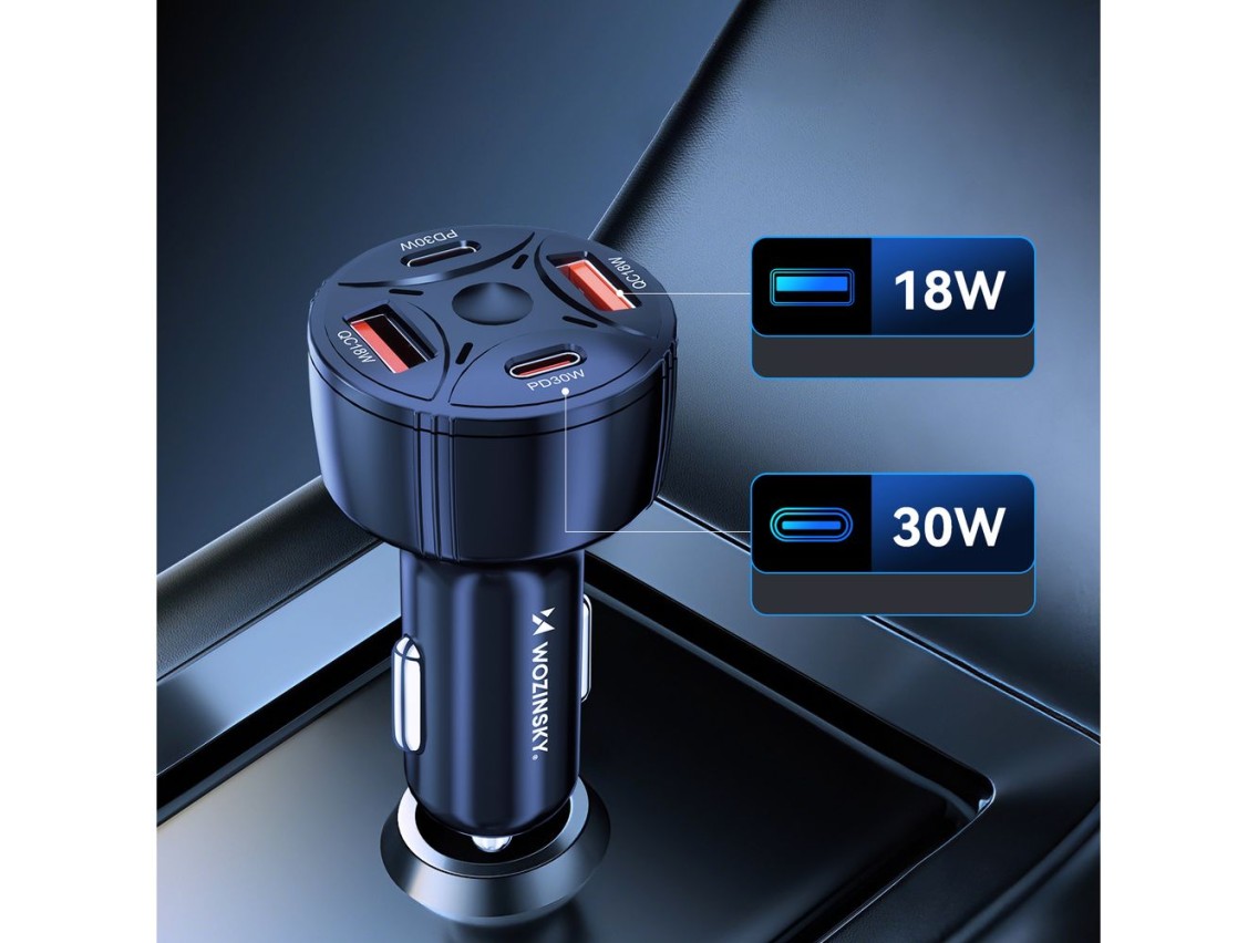 Cargador de coche Wozinsky WLS-04 de 60 W, 2 puertos USB-C y 2 puertos USB-A - Negro